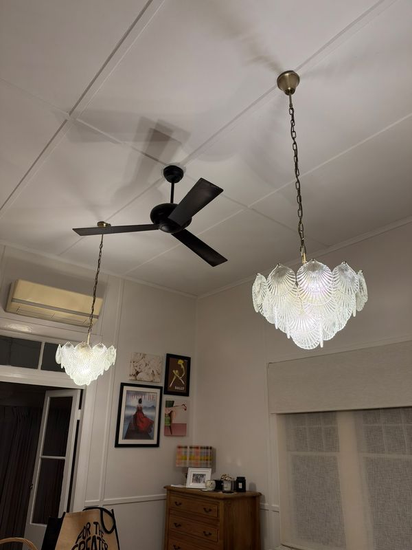 Two glass shell chandeliers installed in the main bedroom, replacing the existing fittings, Woodlawn, NSW